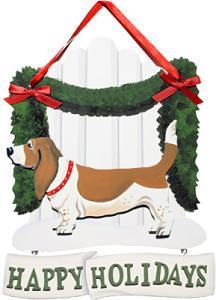 Dandy Designs Basset Hound Red Happy Holidays Picket Fence Sign