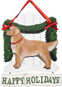 Dandy Designs Golden Retriever Happy Holidays Picket Fence Sign