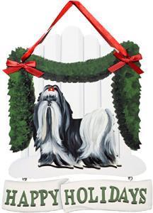 Dandy Designs Black & White Shih Tzu Happy Holidays Picket Fence Sign