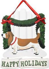 Dandy Designs Basset Hound Red Happy Holidays Picket Fence Sign