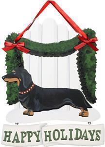 Dandy Designs Black & Tan Dachsund Happy Holidays Picket Fence Sign