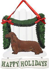 Dandy Designs Red Long Hair Dachsund Happy Holidays Picket Fence Sign