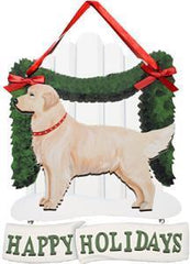 Dandy Designs Blonde Golden Retriever Happy Holidays Picket Fence Sign
