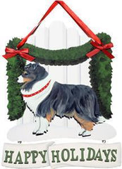 Dandy Designs Blue Merle Sheltie Happy Holidays Picket Fence Sign