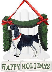 Dandy Designs Black & White Springer Spaniel Happy Holidays Picket Fence Sign